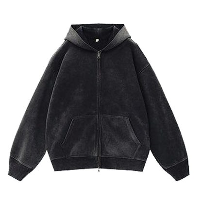 Women's fleece-lined distressed hooded cardigan sweater in loose fit with patch pockets