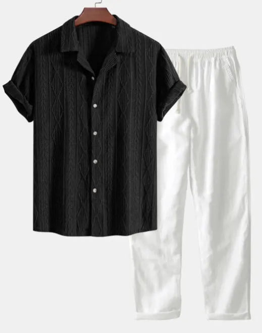 Slim-fit casual suit with digital camouflage print, short-sleeved lapel shirt, and matching trousers for leisure wear