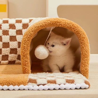 Fan-shaped plush pet bed with integrated tunnel in yellow colour, showing 80cm diameter and anti-slip bottom