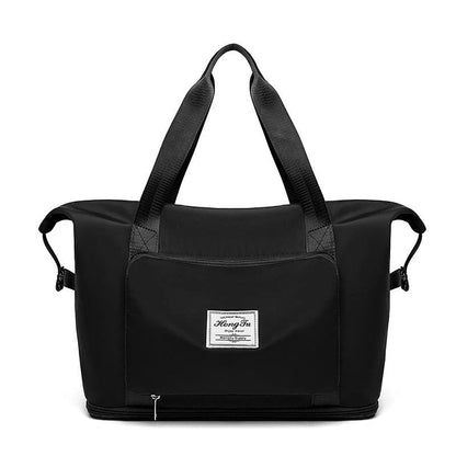 Roomy and foldable gym bag for women with waterproof Oxford fabric, multiple pockets, and wet/dry separation compartment