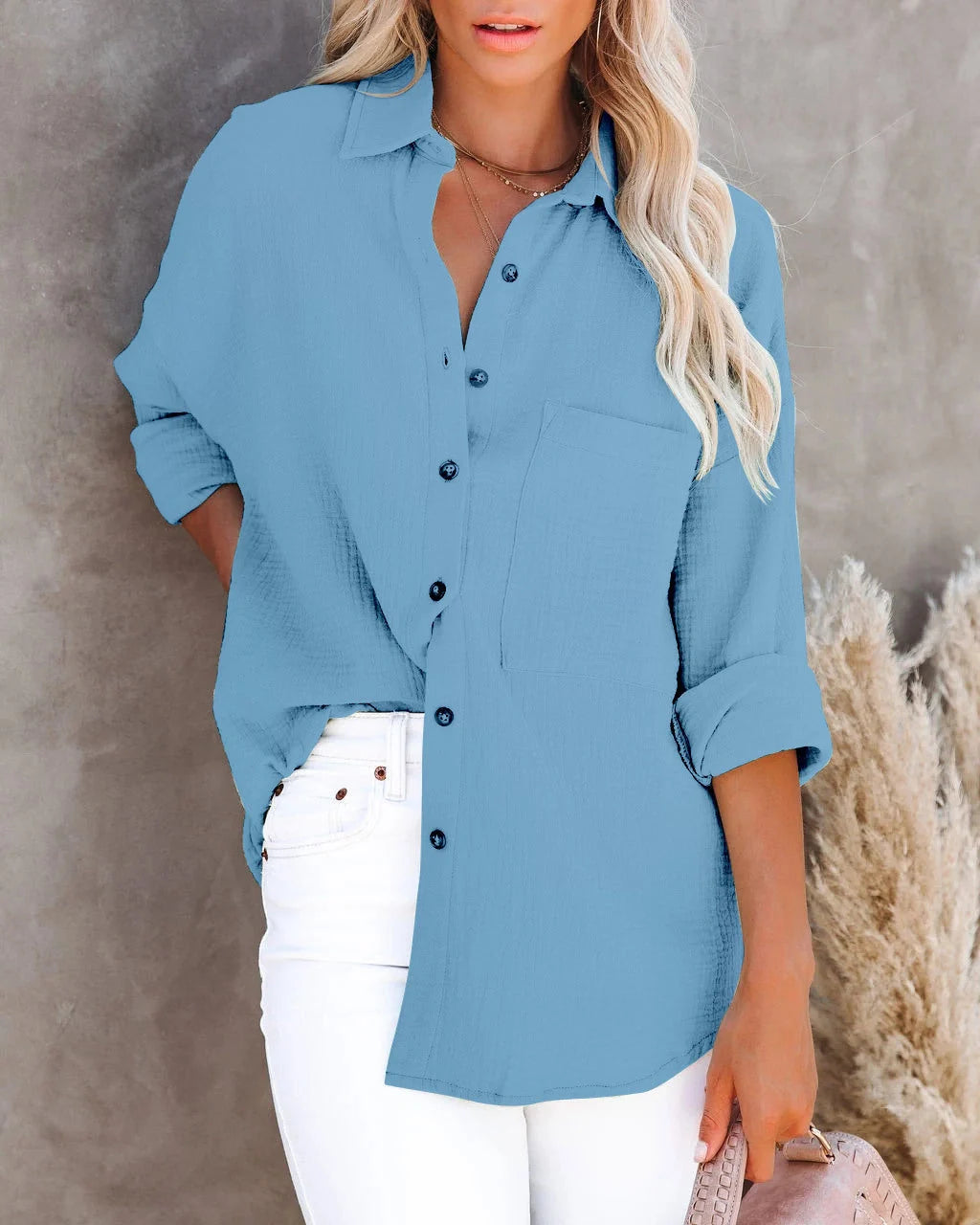 Women's long sleeve V-neck button shirt in cotton linen blend, available in multiple colors