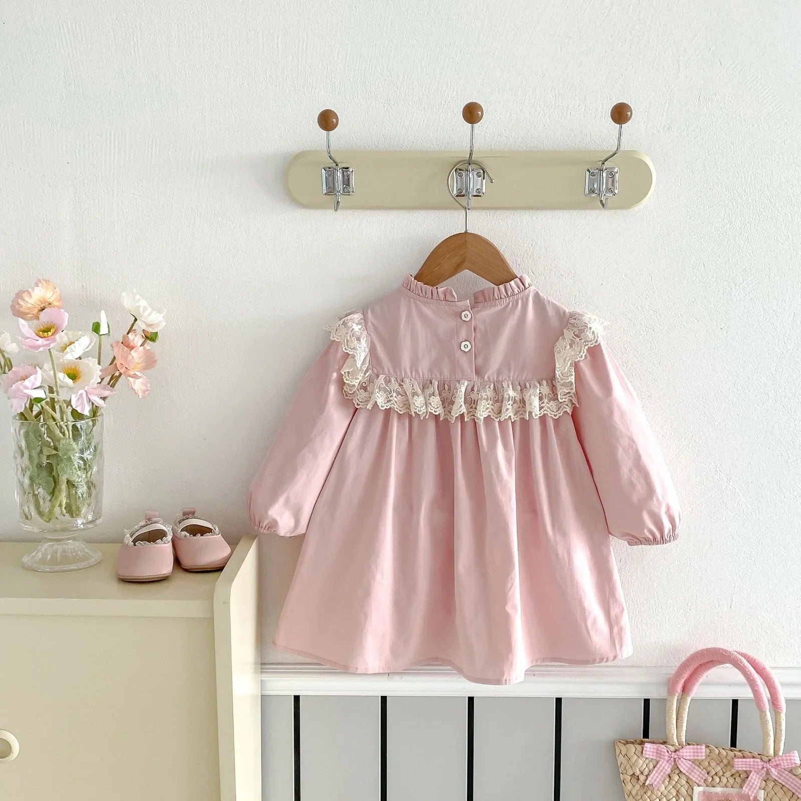 Pink cotton girls dress with lace stand collar and flower embroidery, long sleeves, princess silhouette