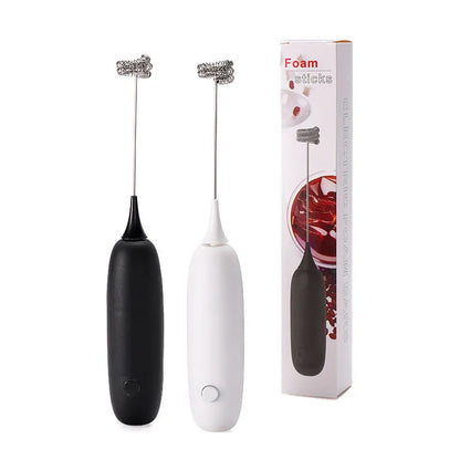Hand-held electric milk frother in black or white colour, modern design for frothing and blending beverages