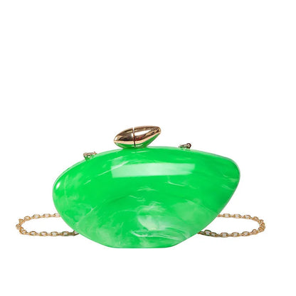 Oval shell goose egg acrylic evening bag with chain shoulder strap, hard outer and mobile phone bag section