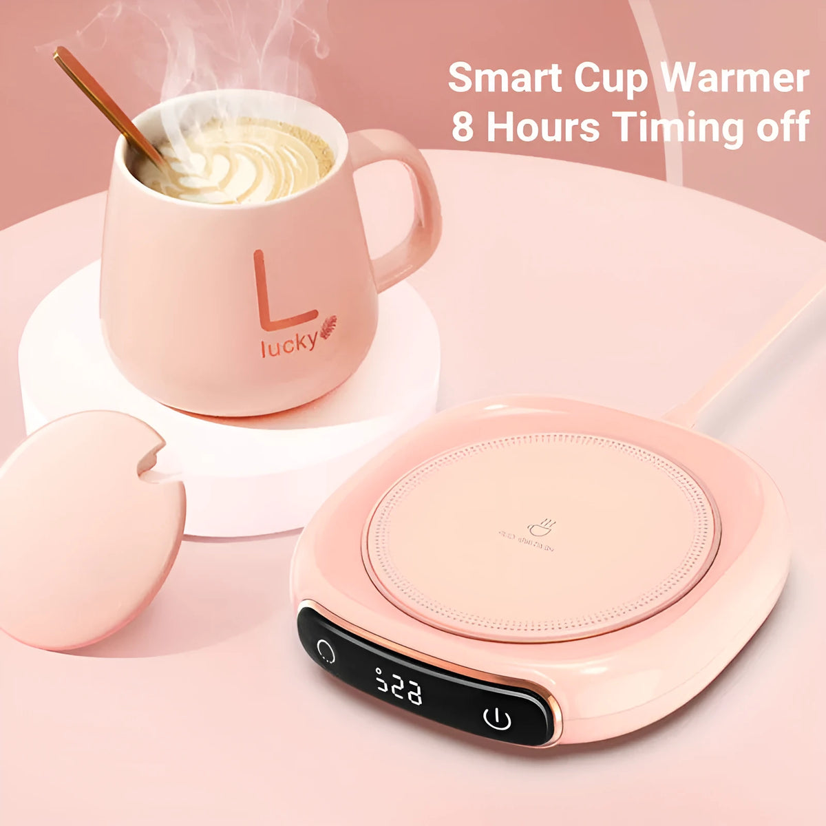 White USB coffee mug warmer heating pad on wooden desk