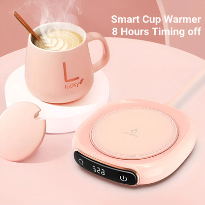 White USB coffee mug warmer heating pad on wooden desk