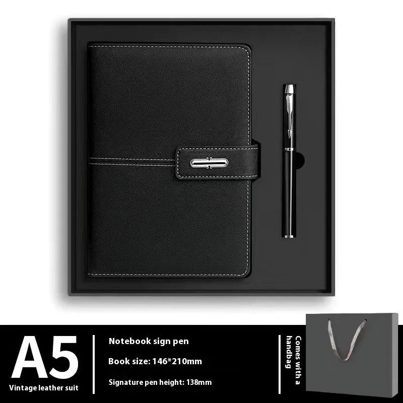 A5 notebook with imitation leather cover in a choice of colours including black, red, green, blue, and orange.
