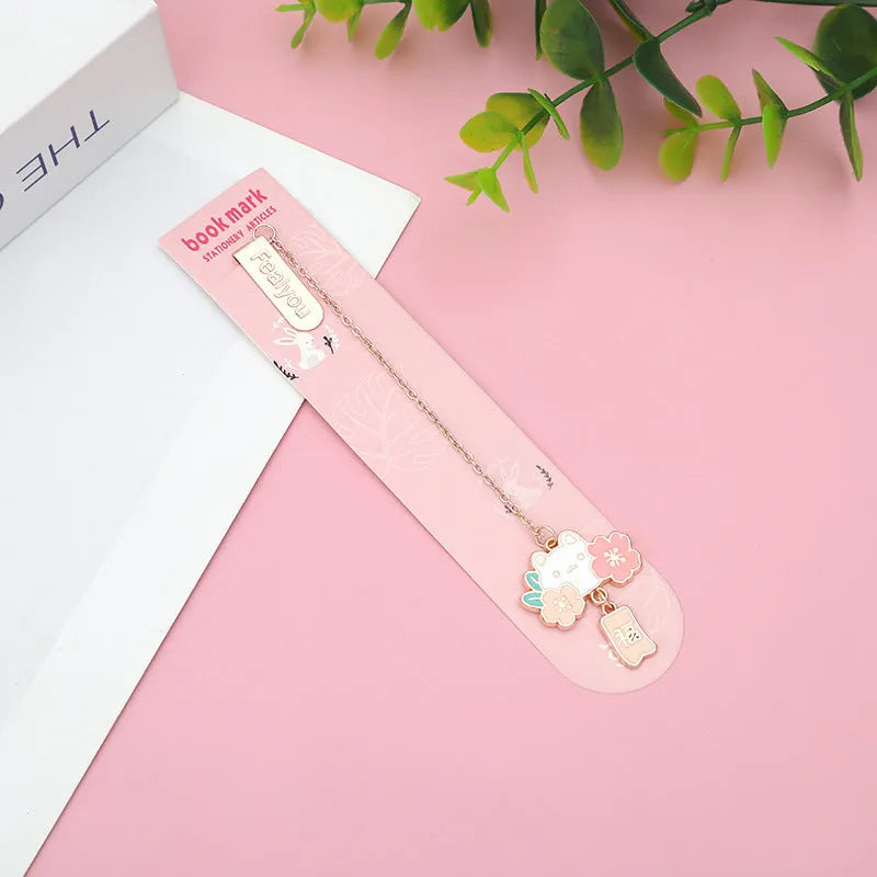 Metal bookmark pendant with cherry blossom cartoon cat design for journal decoration