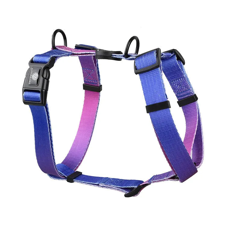 Polyester dog chest strap showing gradient colour pattern options in S, M, and L sizing