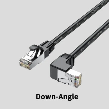 Black Cat6 Ethernet cable with a right-angle metal RJ45 connector lying flat on a wooden surface