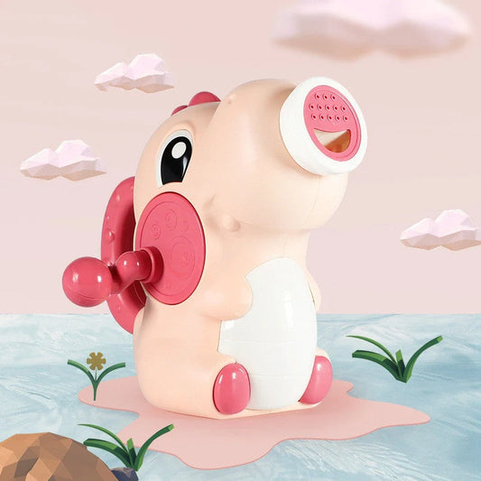 Dinosaur-shaped baby bath toy with dual water spray modes in vibrant colors