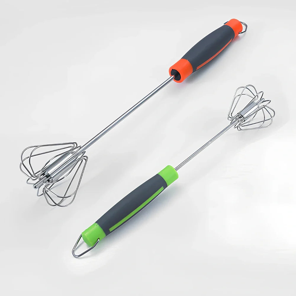 Stainless steel manual egg beater showing three size options with green and orange handles
