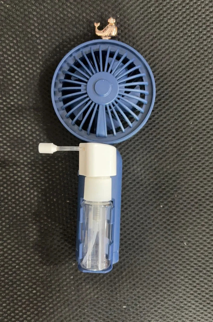 Plastic nozzle fan in multiple colours with USB charging cable, measuring 20cm long on desk surface