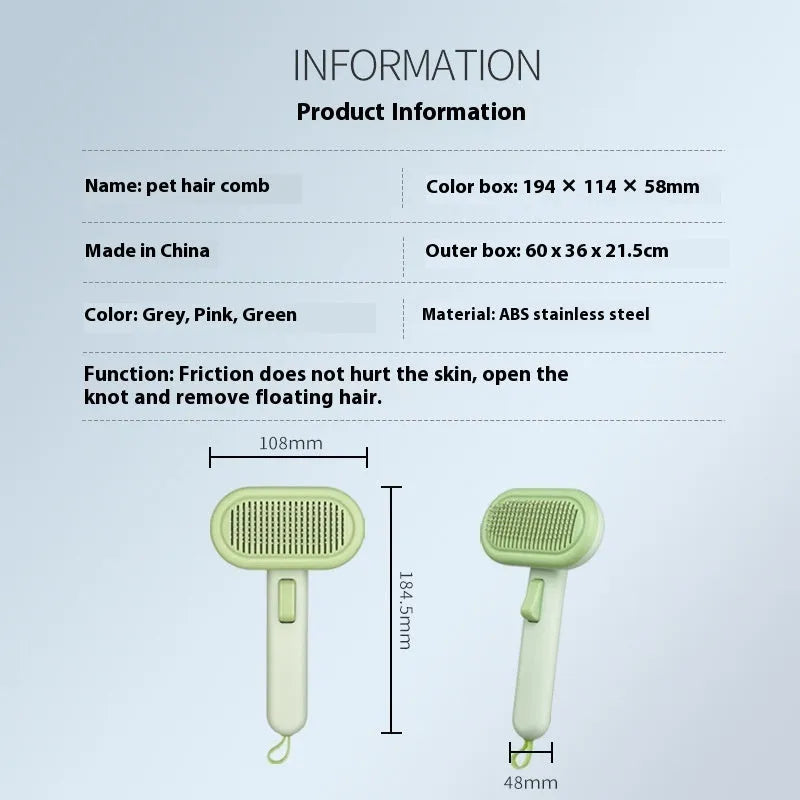 Large one-click pet hair removal and knot untying comb in light grey, showing stainless steel teeth.