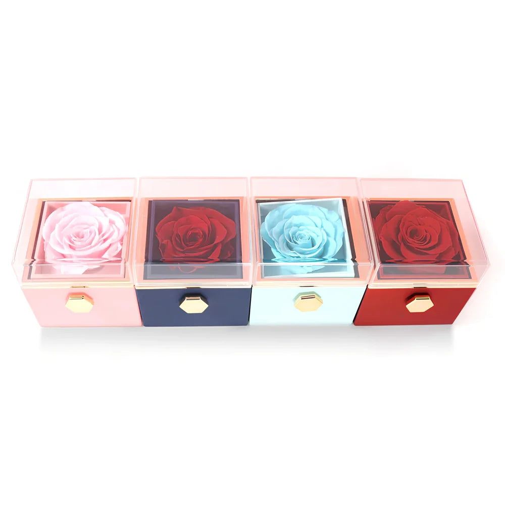 Acrylic rotating rose jewelry box in sapphire blue, 10cm diameter with three-layer storage and carrying bag