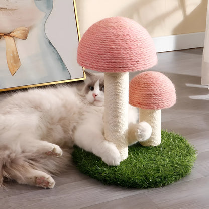 Pink mushroom-shaped cat scratching post with natural sisal texture for small cats.