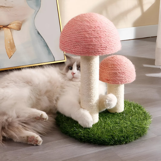 Pink mushroom-shaped cat scratching post with natural sisal texture for small cats.