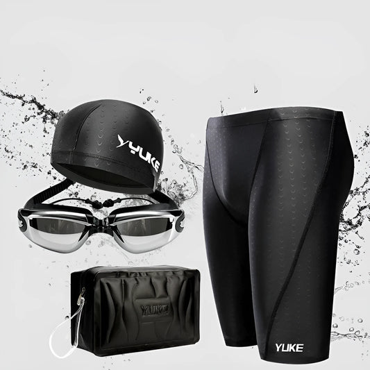 Men's black swimming trunks, goggles, and cap set laid out with ear plugs and carry bag