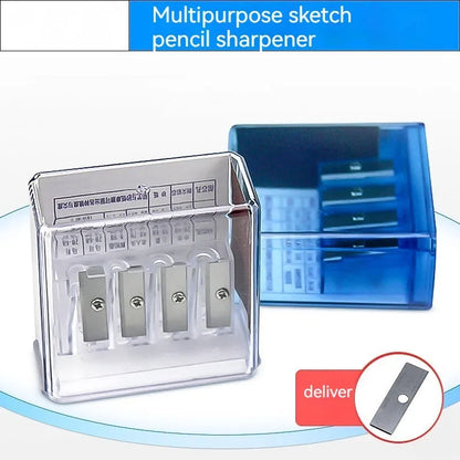 Four-hole pencil sharpener with geometric plastic design, four blades, and integrated screwdriver tool