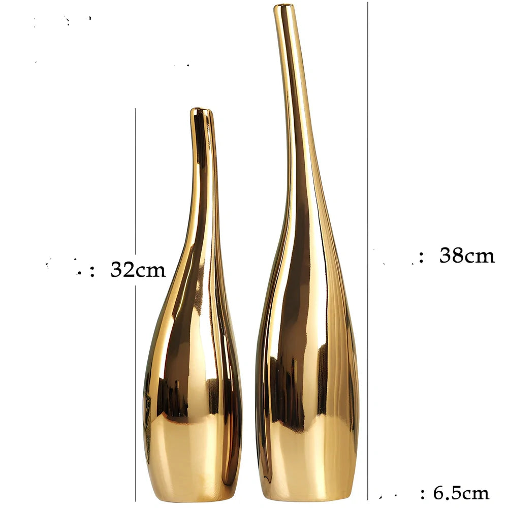 Nordic ceramic vase with inlay surface and gold plating in curved bottle shape measuring 25-35cm tall