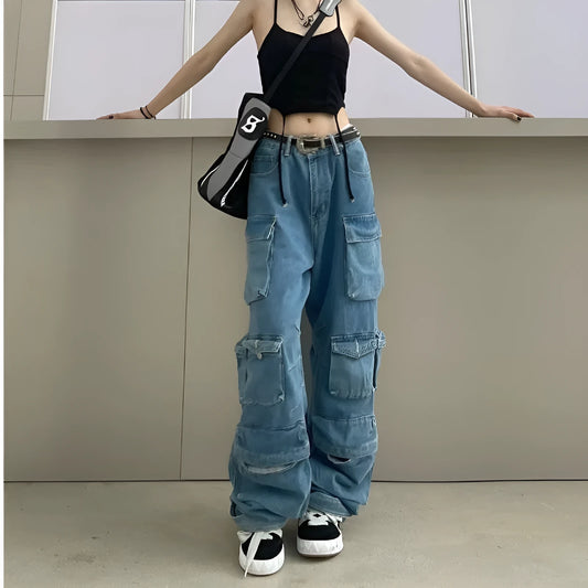 Women's high waist tie-dyed wide leg denim trousers with multiple pockets in street hipster style