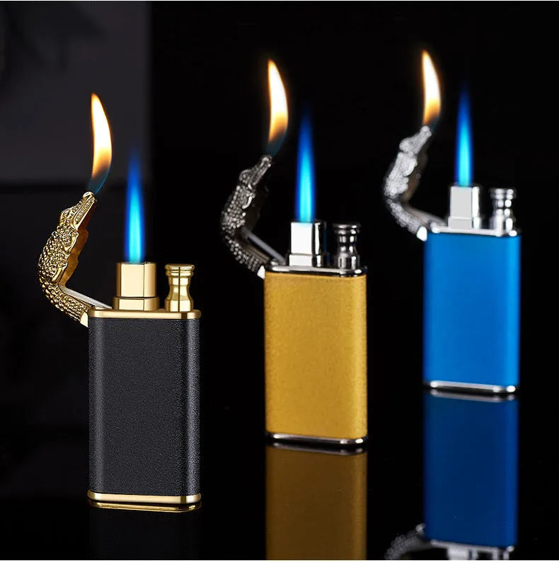 Metal dragon dolphin design double flame windproof lighter with blue jet fire