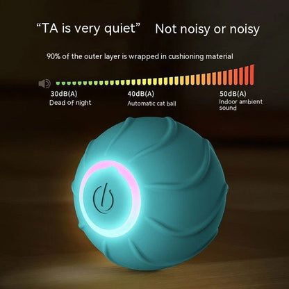 Automatic self-rolling interactive cat toy ball in blue, red, and pink colors with USB charging and bouncing action to engage cats