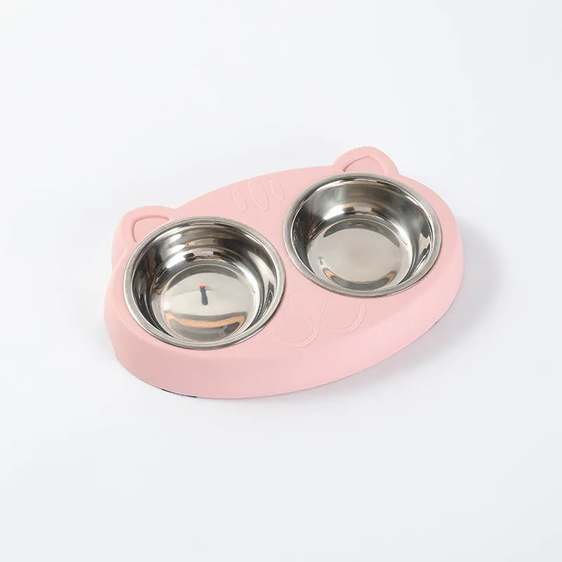 Blue plastic pet feeder tray with two adjacent bowls for cat or dog food and water