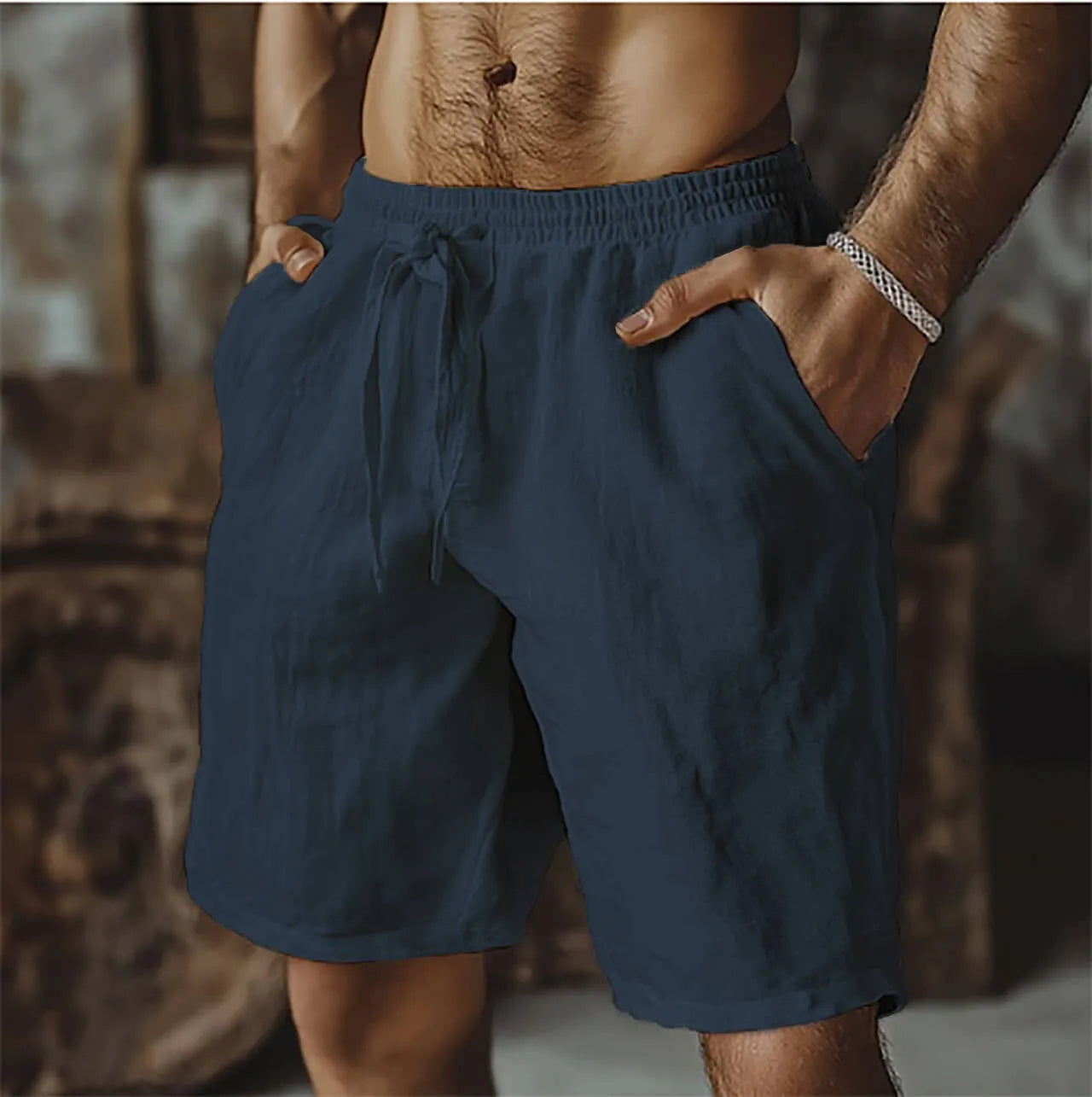 Men's cotton linen beach shorts in straight-leg British style shown in seven colour options