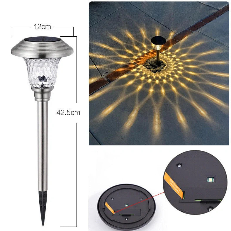 Solar outdoor lawn light in garden setting showing 12×12×42.5cm dimensions and solar panel