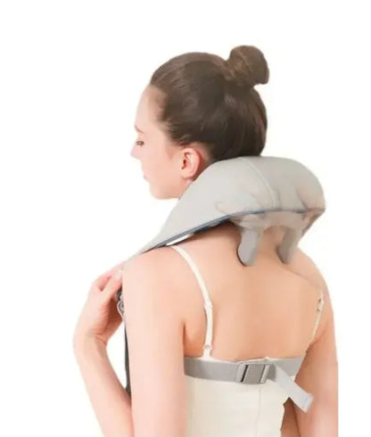 Creamy white rechargeable shoulder and neck massager with kneading rollers.