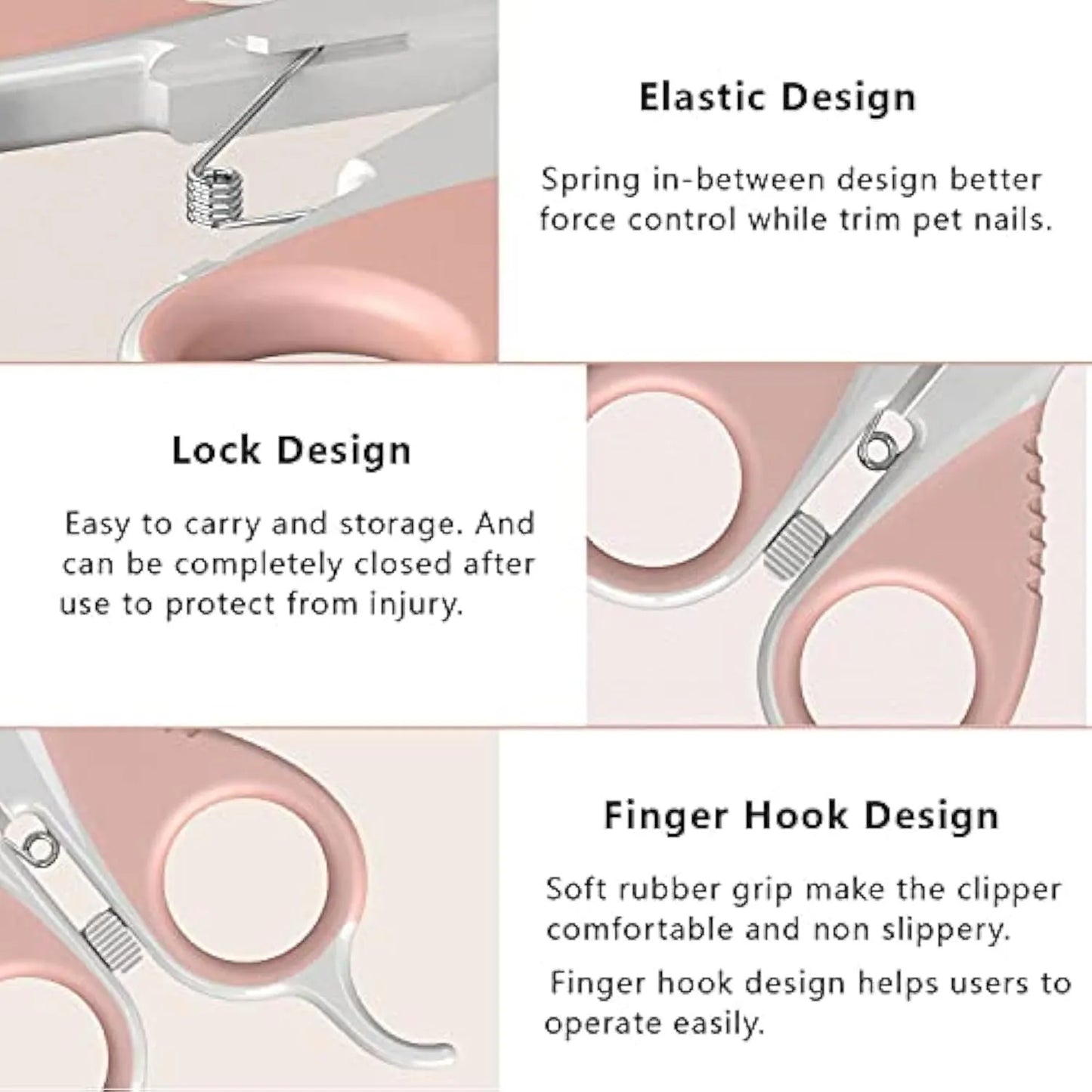 Grey and pink cat nail clippers with angled blade and safety lock for small pets