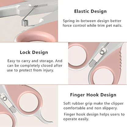 Grey and pink cat nail clippers with angled blade and safety lock for small pets