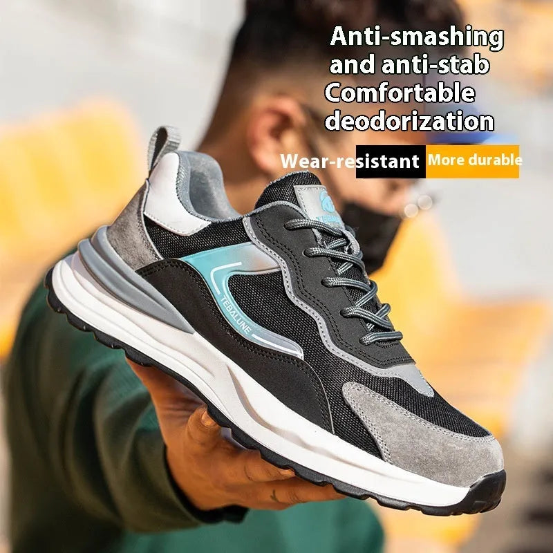 Men's low-top work safety shoes with plastic steel toe cap in Four Seasons colour with lace-up closure