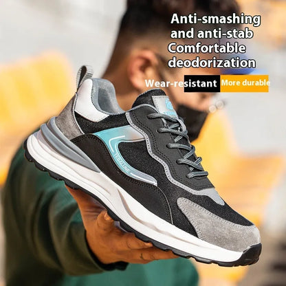 Men's low-top work safety shoes with plastic steel toe cap in Four Seasons colour with lace-up closure