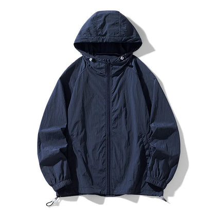 Loose-fit thin nylon sports jacket shown in a colour option, suitable for outdoor leisure wear.