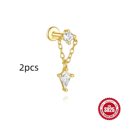 S925 sterling silver geometric kite earrings with rhinestone chain tassel in gold plating