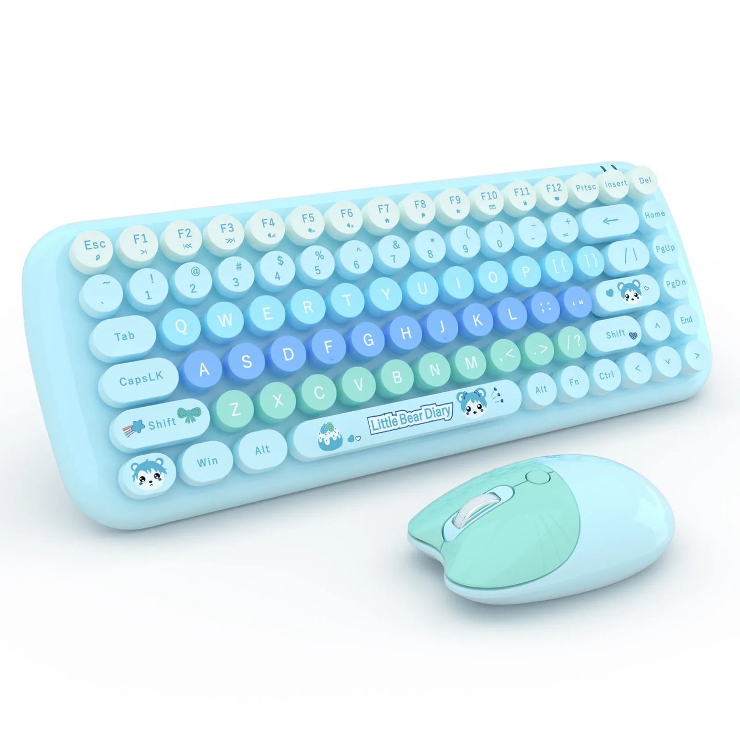 Pink mini wireless keyboard and mouse set with cute cartoon design on desk