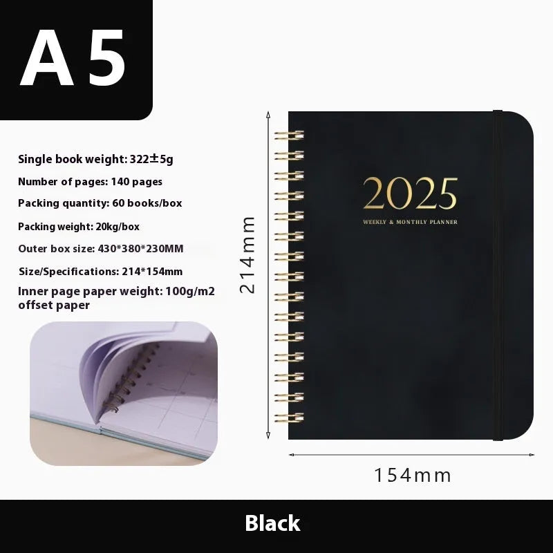 A5 size PU leather notebook with metal coil binding in a choice of colours including black, blue, and brown.