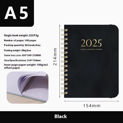 A5 size PU leather notebook with metal coil binding in a choice of colours including black, blue, and brown.