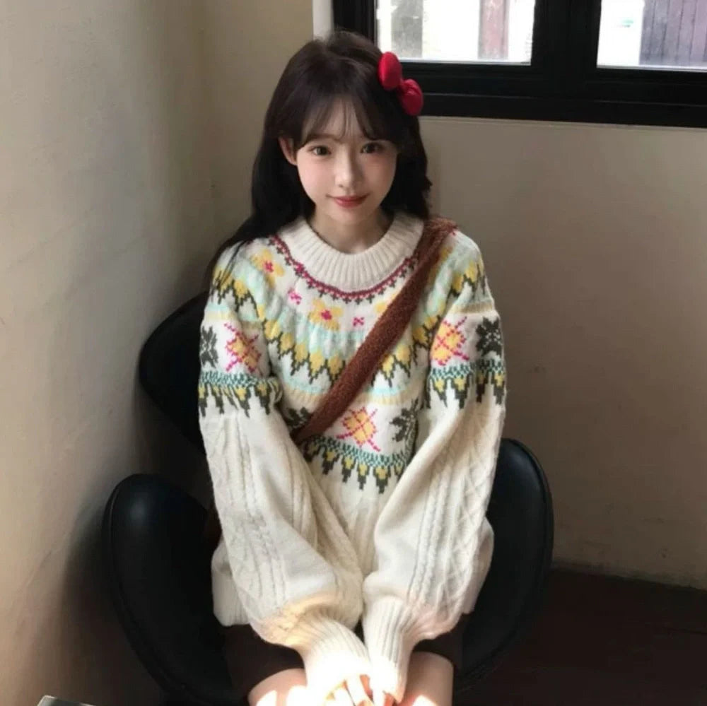 Women's milky white lantern sleeve pullover with 15cm extra sleeve volume and free size design