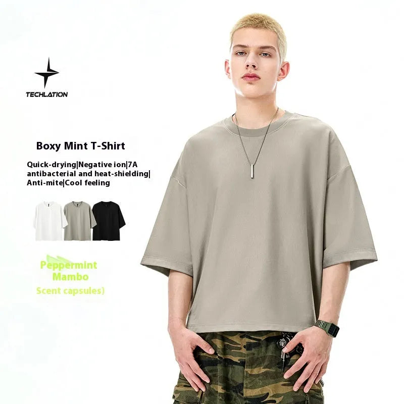 Men's sand grey loose fit cotton-polyester short sleeve T-shirt displayed flat