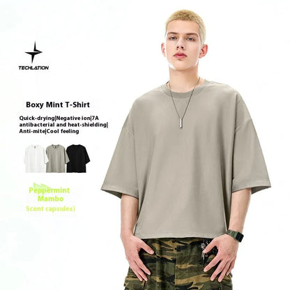 Men's sand grey loose fit cotton-polyester short sleeve T-shirt displayed flat
