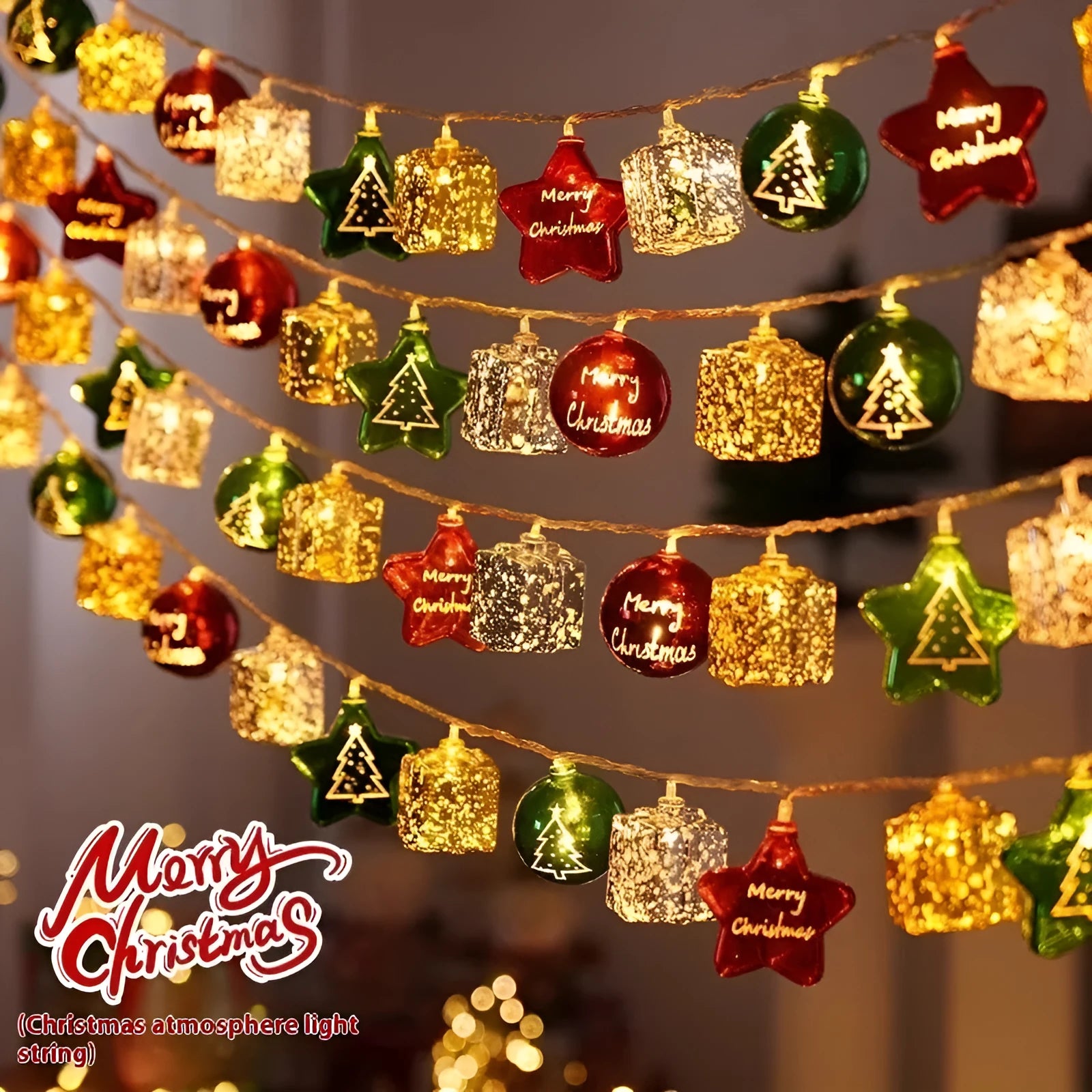 XINGX heart-shaped electroplated ball Christmas pendant lights in gold gift bag, star, ball, macaron and spiral designs