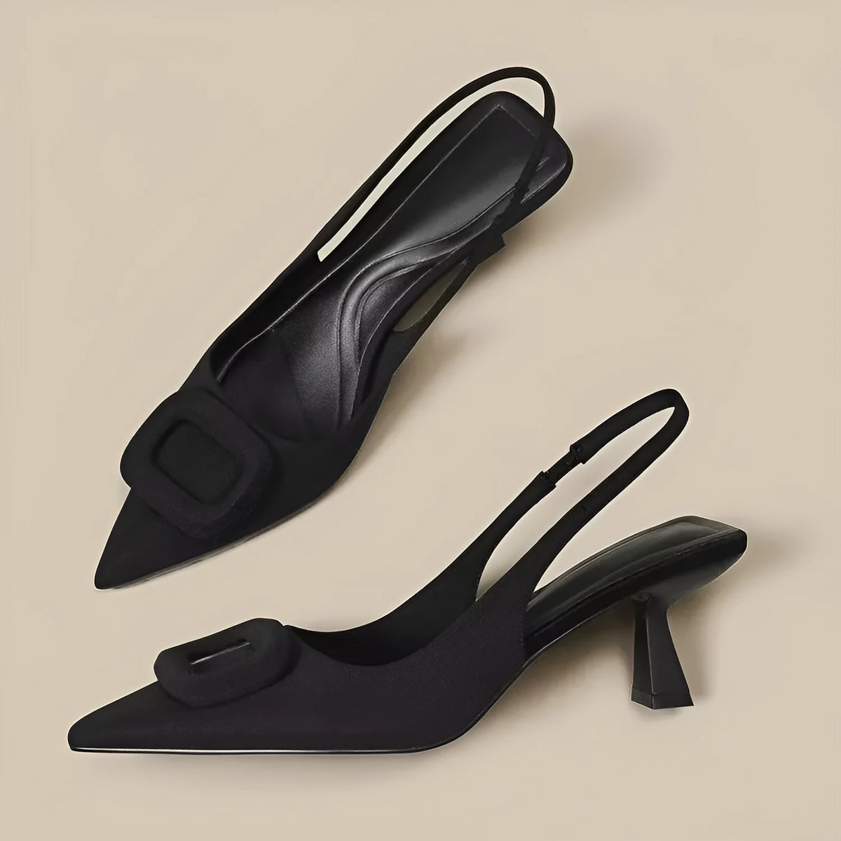 Pointed toe high heels with French square buckle, microfiber upper, rubber sole, sizes 35-39