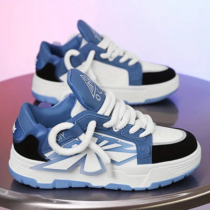 Men's white clunky sneakers with cartoon totem patterns, low-top design, and rubber soles for casual leisure wear
