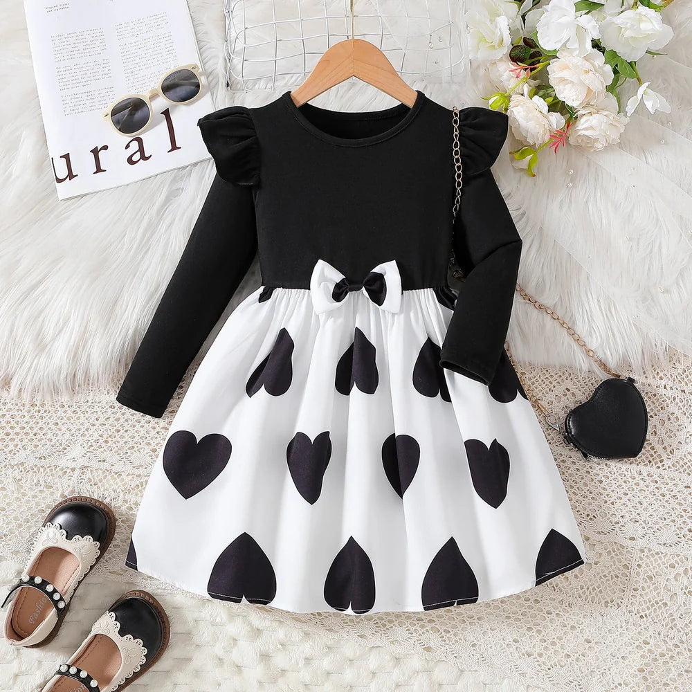 Black Korean-style princess dress with cartoon pattern and long sleeves for girls