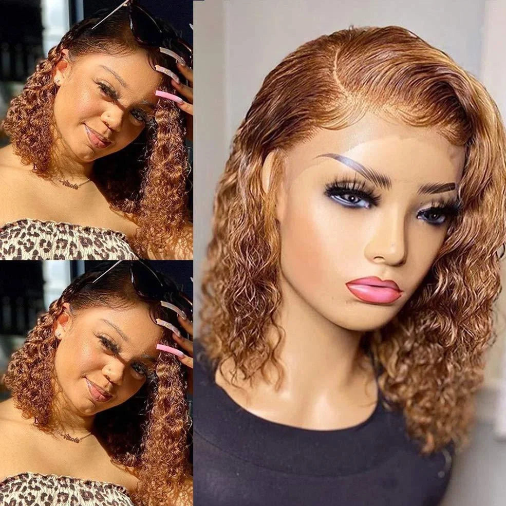 Short curly honey blonde bob wig with 13x4 lace front, light brown human hair, long bangs