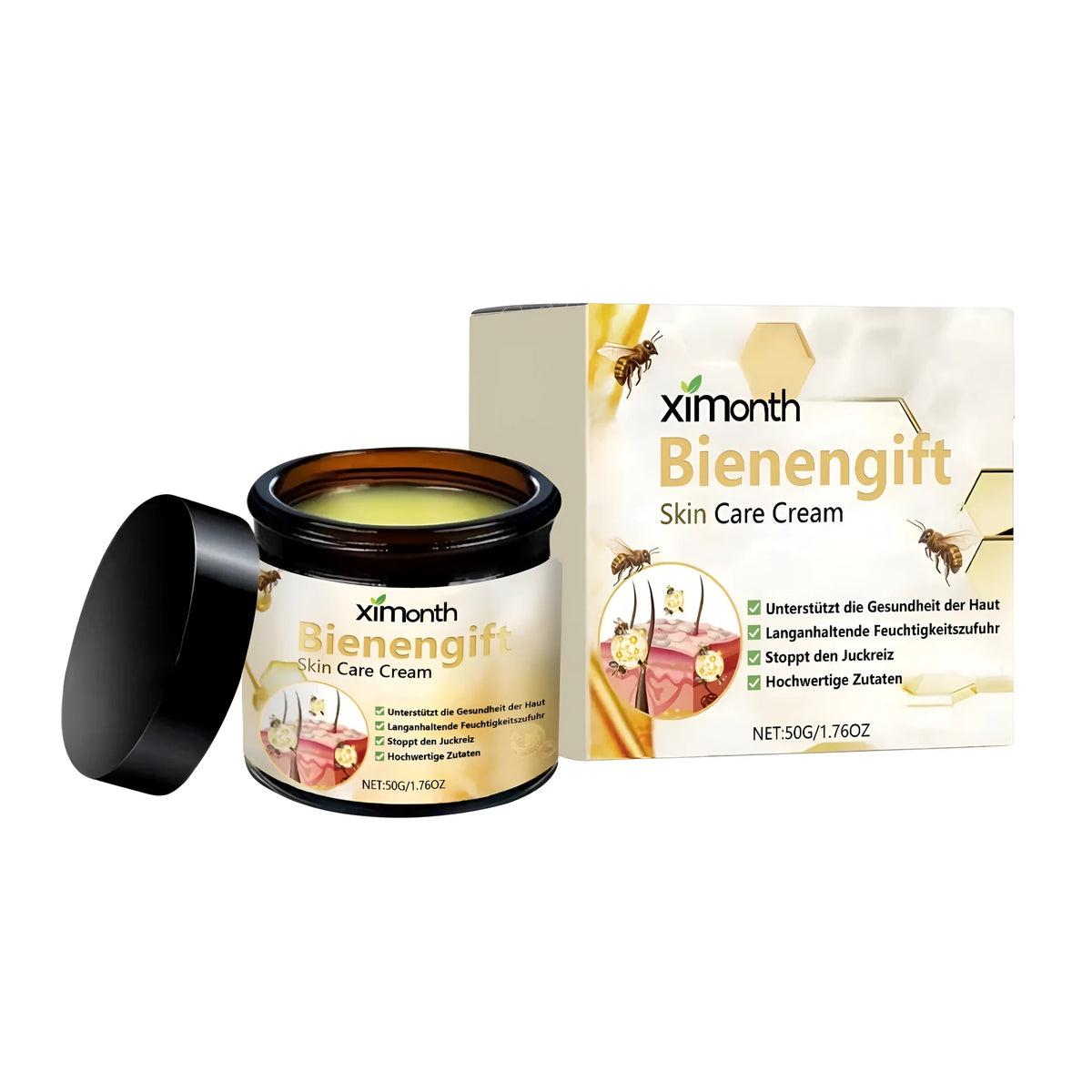 50g jar of skin care cream with mint leaves, bee venom, and tea tree oil ingredients