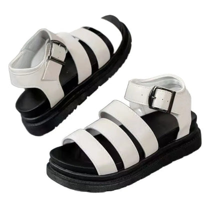 Black thick-soled outdoor sandals with a buckle strap and fish mouth toe holder design.